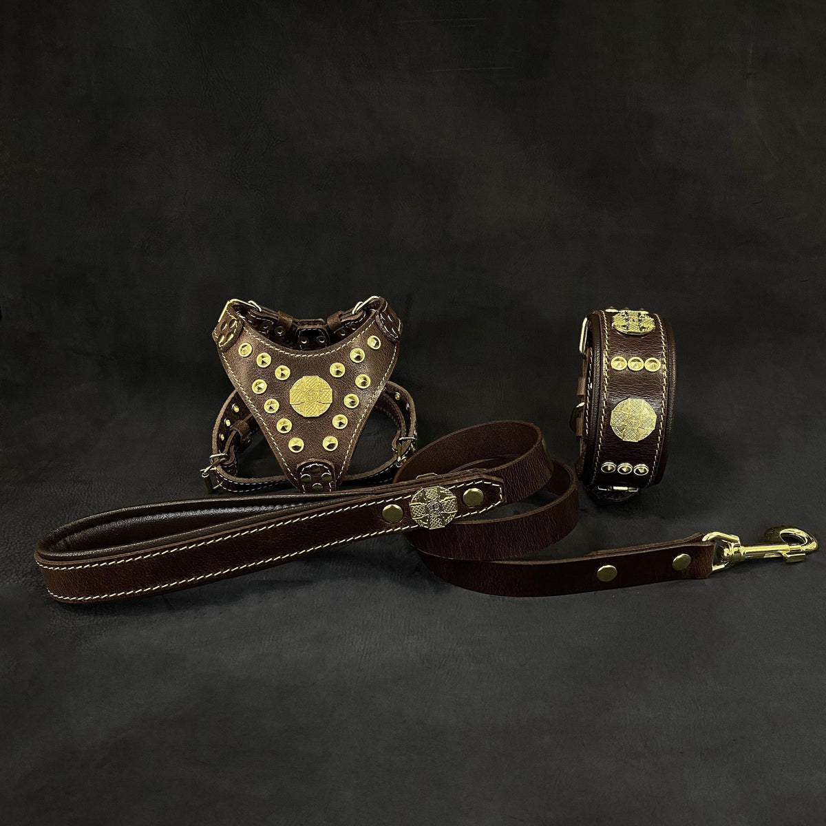 Ensemble MITZON Maximus en cuir marron pour chien avec harnais, collier et laisse ornés de rivets en laiton doré