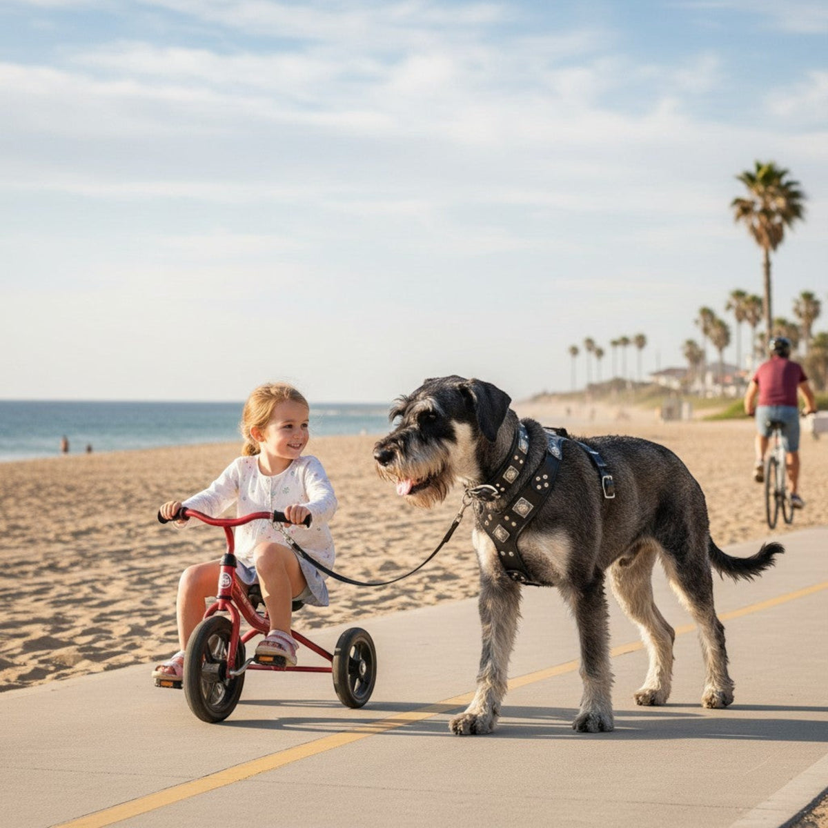 Ensemble MITZON Eros en cuir noir pour grand chien avec harnais, collier et laisse, porté par un chien sur la plage.