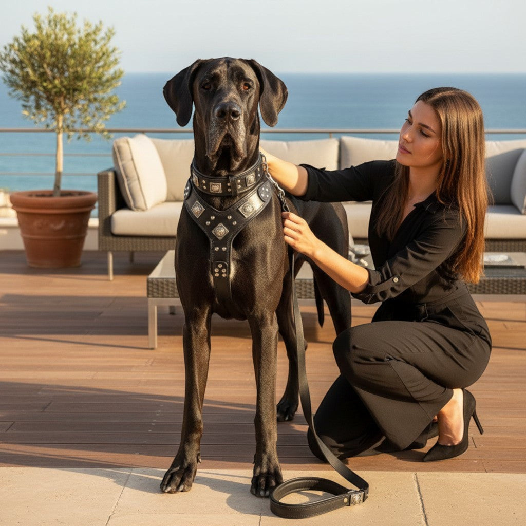 Ensemble MITZON Eros en cuir noir pour grand chien avec harnais, collier et laisse cloutés sur un Dogue Allemand.