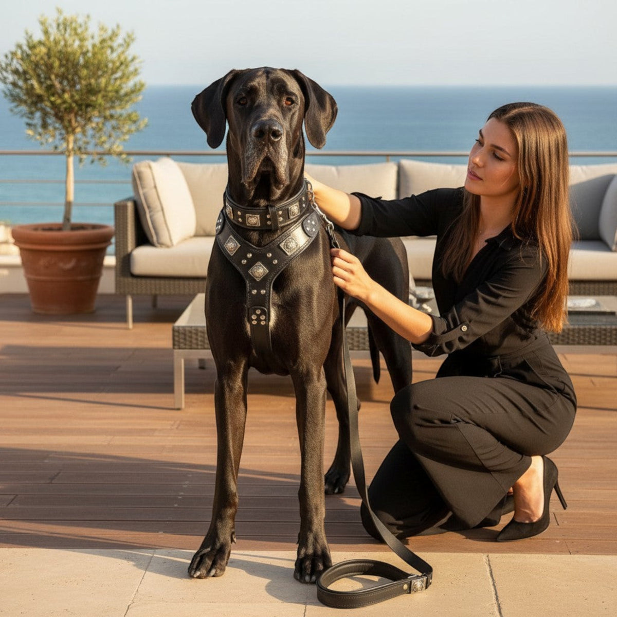 Ensemble MITZON Eros en cuir noir pour grand chien avec harnais, collier et laisse cloutés sur un Dogue Allemand.