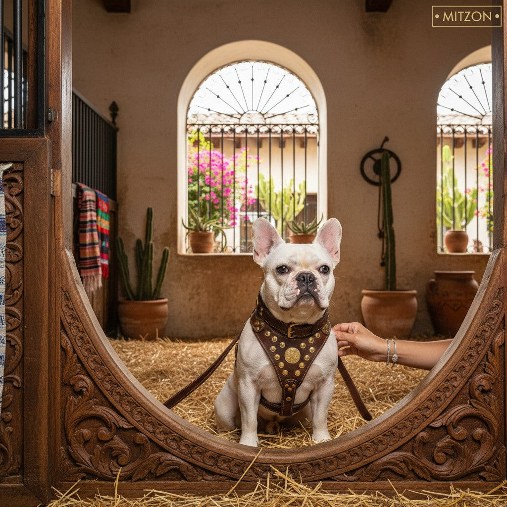 Bouledogue français portant un harnais en cuir marron MITZON avec rivets dorés dans un décor rustique.