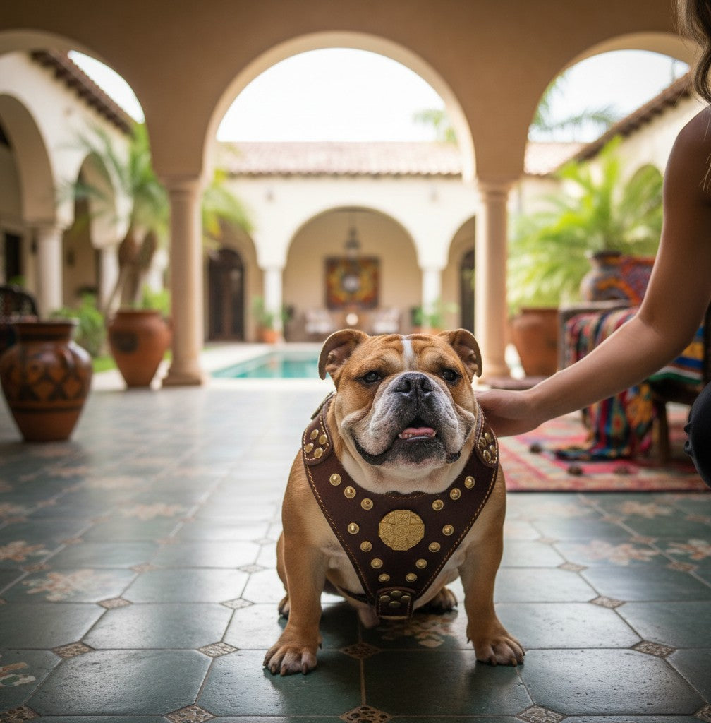Bouledogue anglais portant le harnais en cuir marron et laiton MITZON Maximus avec rivets décoratifs et rembourrage