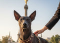 Harnais pour chien MITZON Maximus en cuir marron avec rivets dorés et rembourrage orthopédique sur un chien