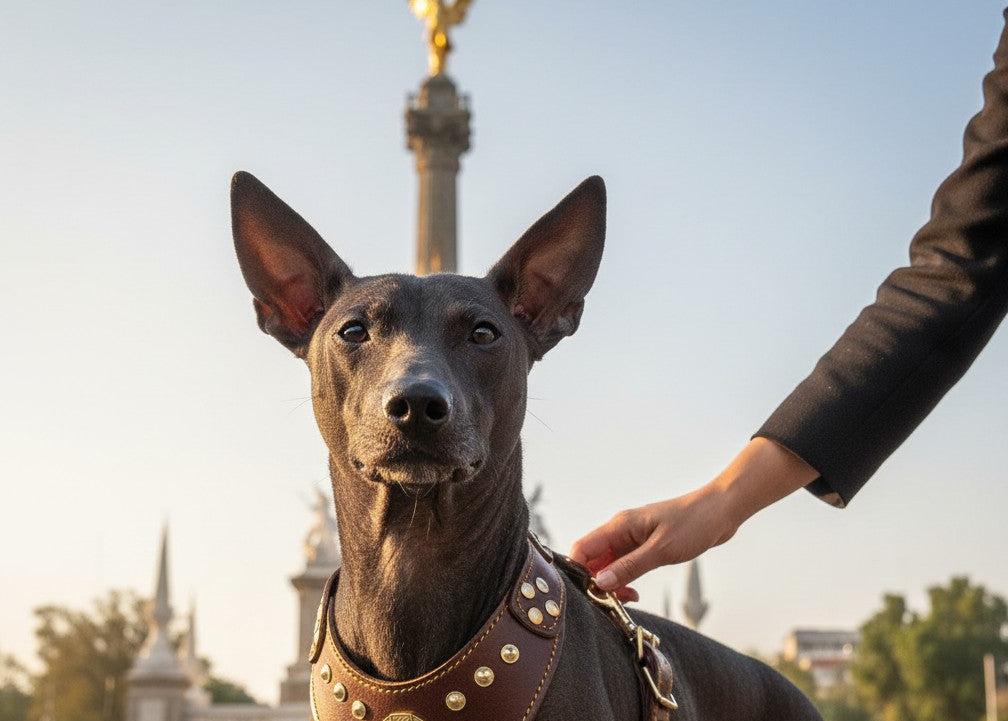 Harnais pour chien MITZON Maximus en cuir marron avec rivets dorés et rembourrage orthopédique sur un chien