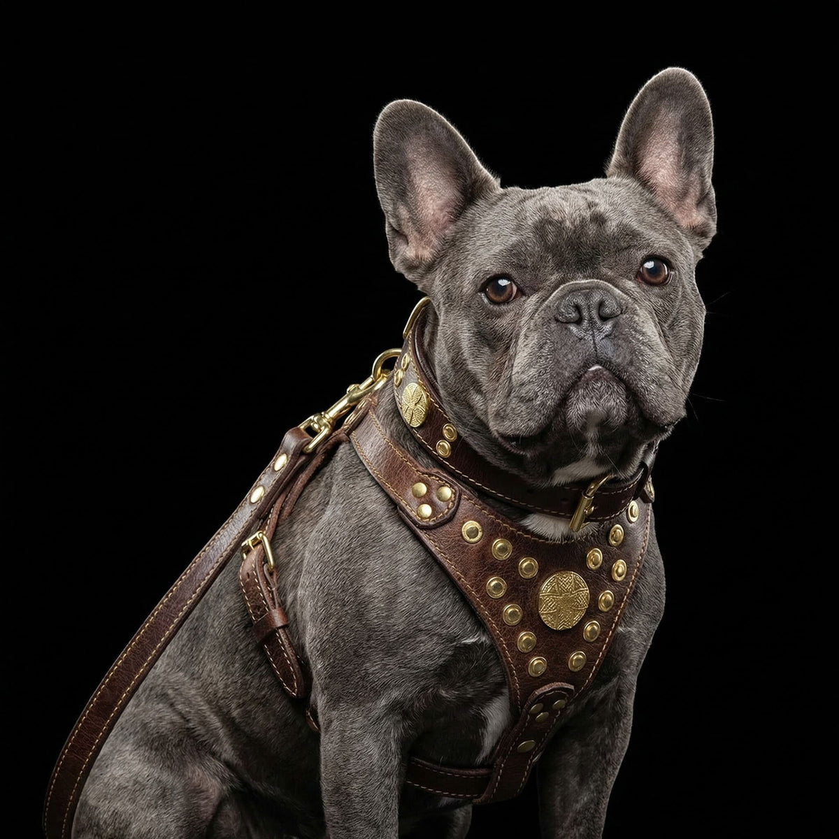 Bouledogue français portant le harnais en cuir marron et rivets dorés MITZON Maximus avec rembourrage orthopédique