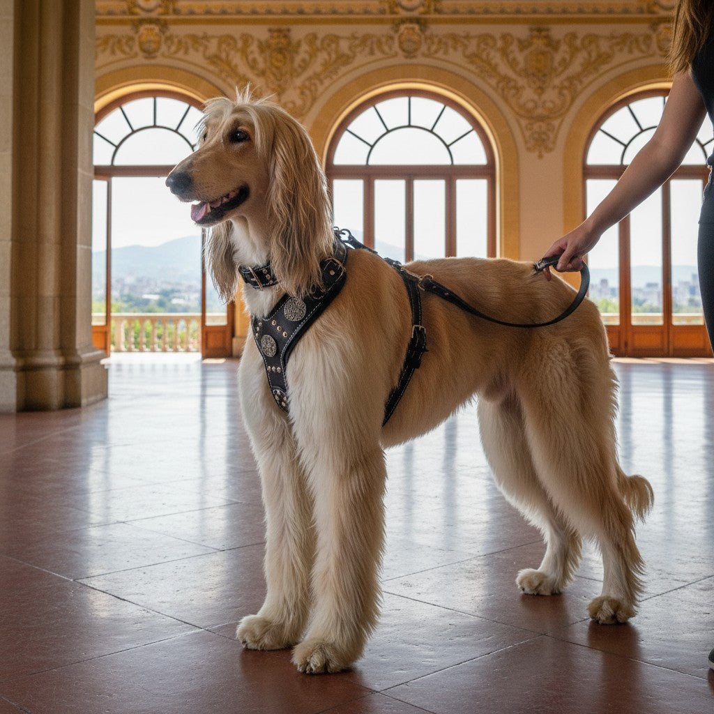 Lévrier afghan portant un harnais et un collier noirs MITZON en cuir avec rivets argentés dans un intérieur luxueux