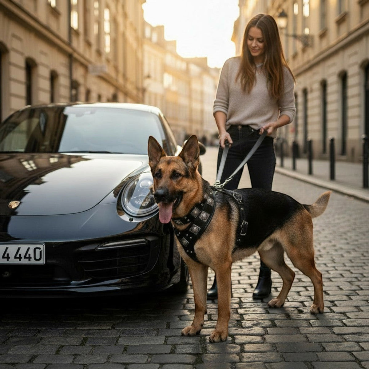 Ensemble MITZON Eros en cuir noir pour grand chien avec harnais clouté, collier et laisse, porté par un berger allemand