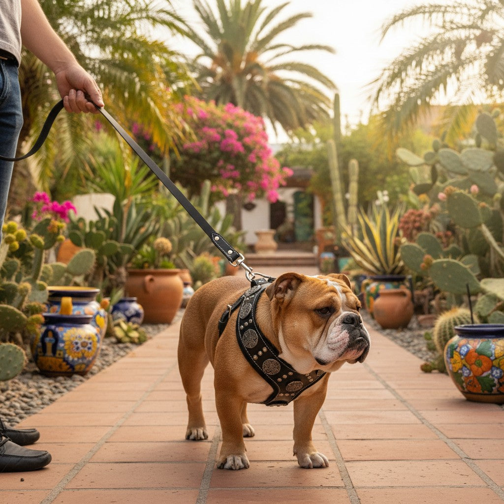 Ensemble MITZON Maximus Silver en cuir noir avec harnais clouté et laisse pour grand chien dans un jardin ensoleillé