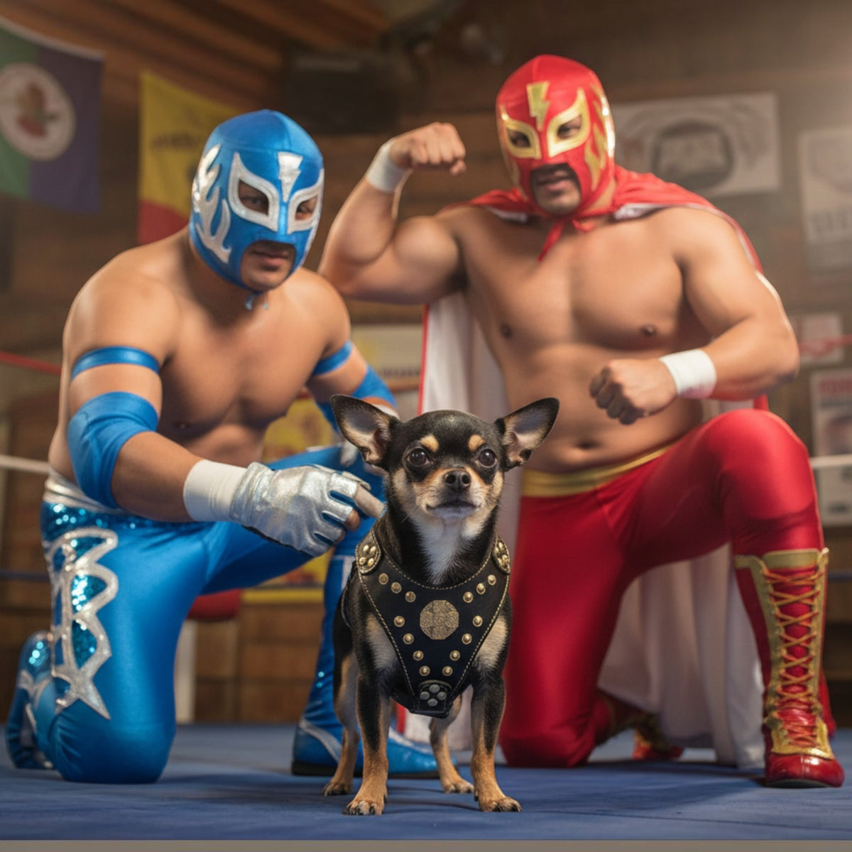 Chihuahua portant le harnais en cuir noir et rivets dorés MITZON Maximus avec deux catcheurs dans un ring
