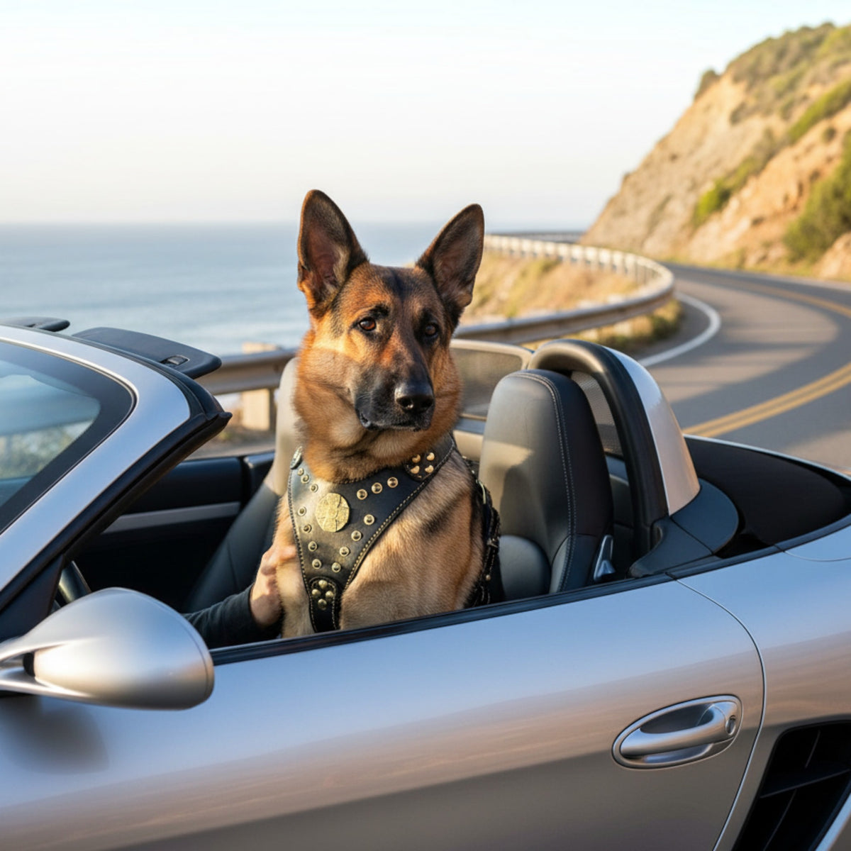 Berger allemand portant le harnais en cuir noir et rivets dorés MITZON Maximus dans une voiture décapotable