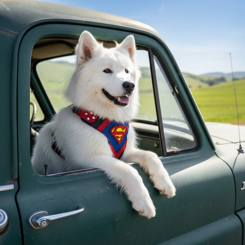 Chien Samoyède blanc portant un harnais en cuir MITZON Superdog rouge et bleu, assis à la fenêtre d'un vieux camion.