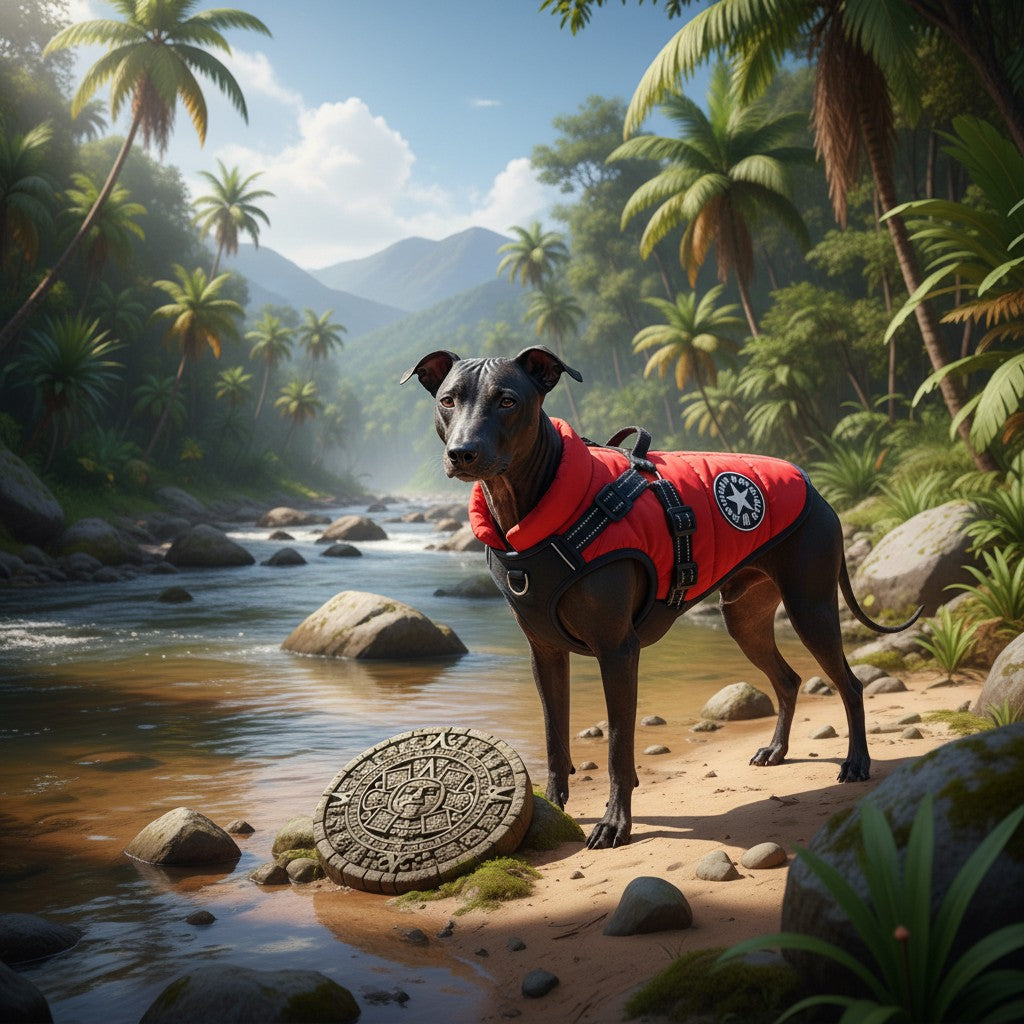 Chien portant un harnais gilet rouge MITZON en polyester sur une plage tropicale près d'une rivière
