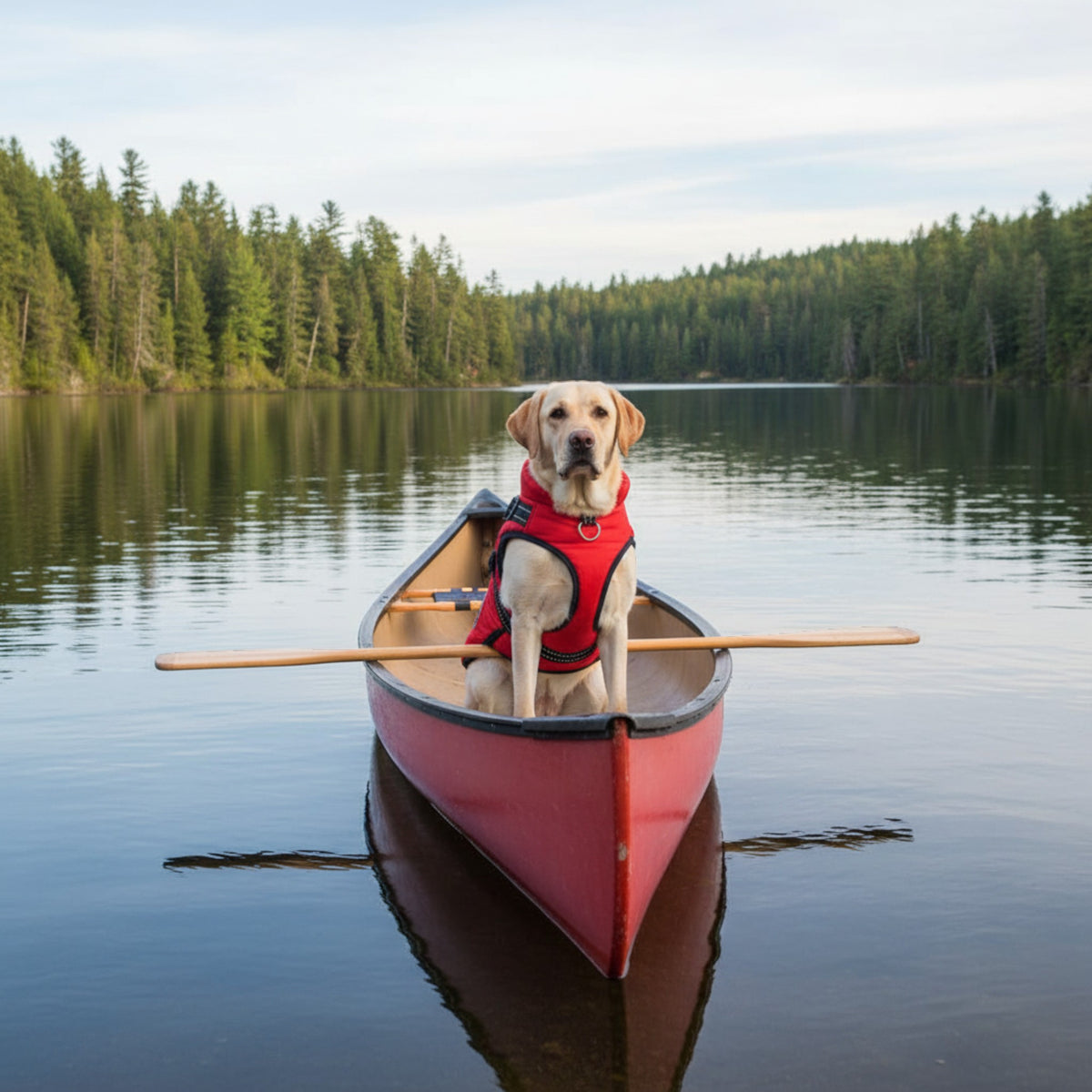 Chien Labrador portant un harnais gilet rouge MITZON assis dans un canoë sur un lac entouré de forêt