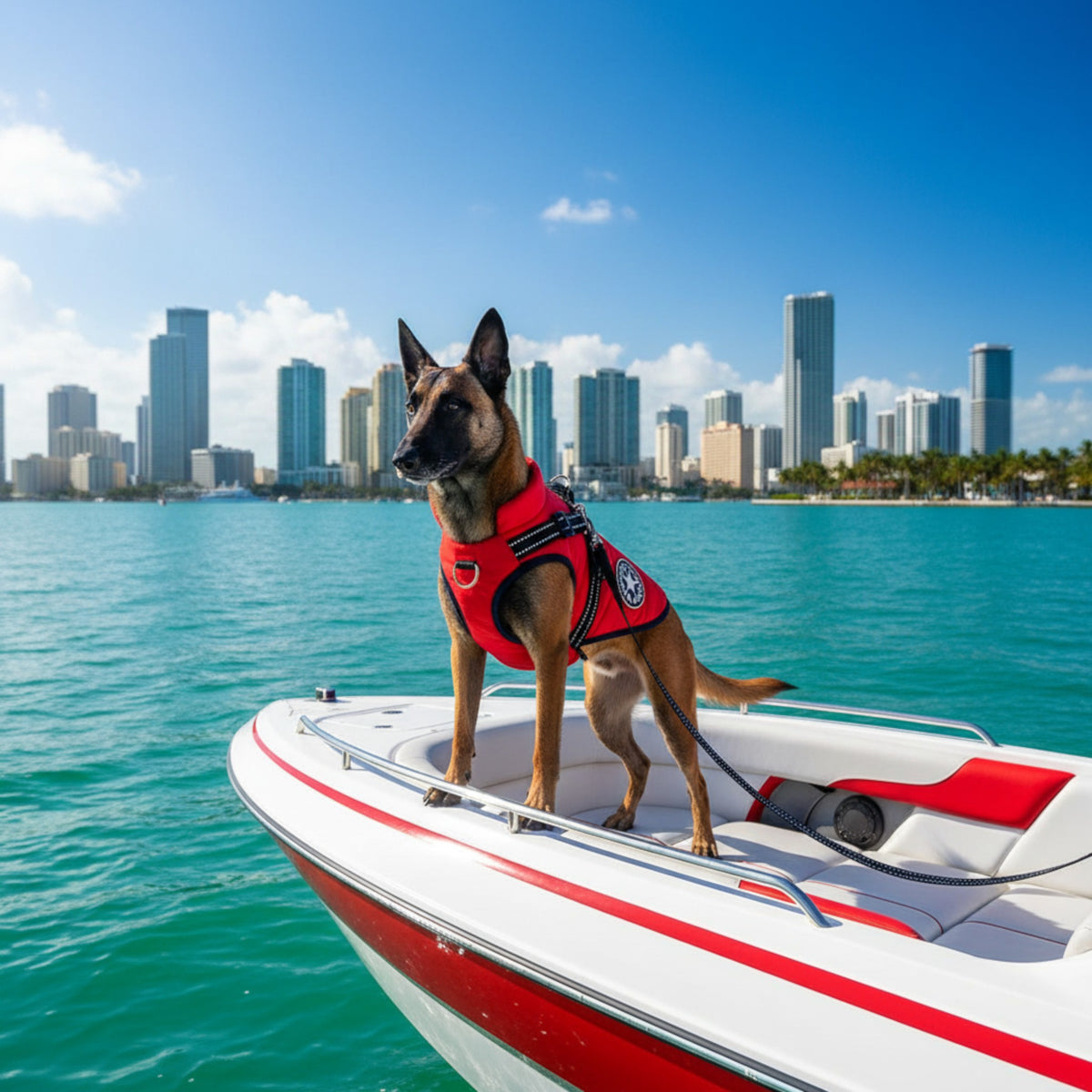 Chien portant un harnais gilet rouge MITZON en polyester sur un bateau face à la skyline d'une ville ensoleillée