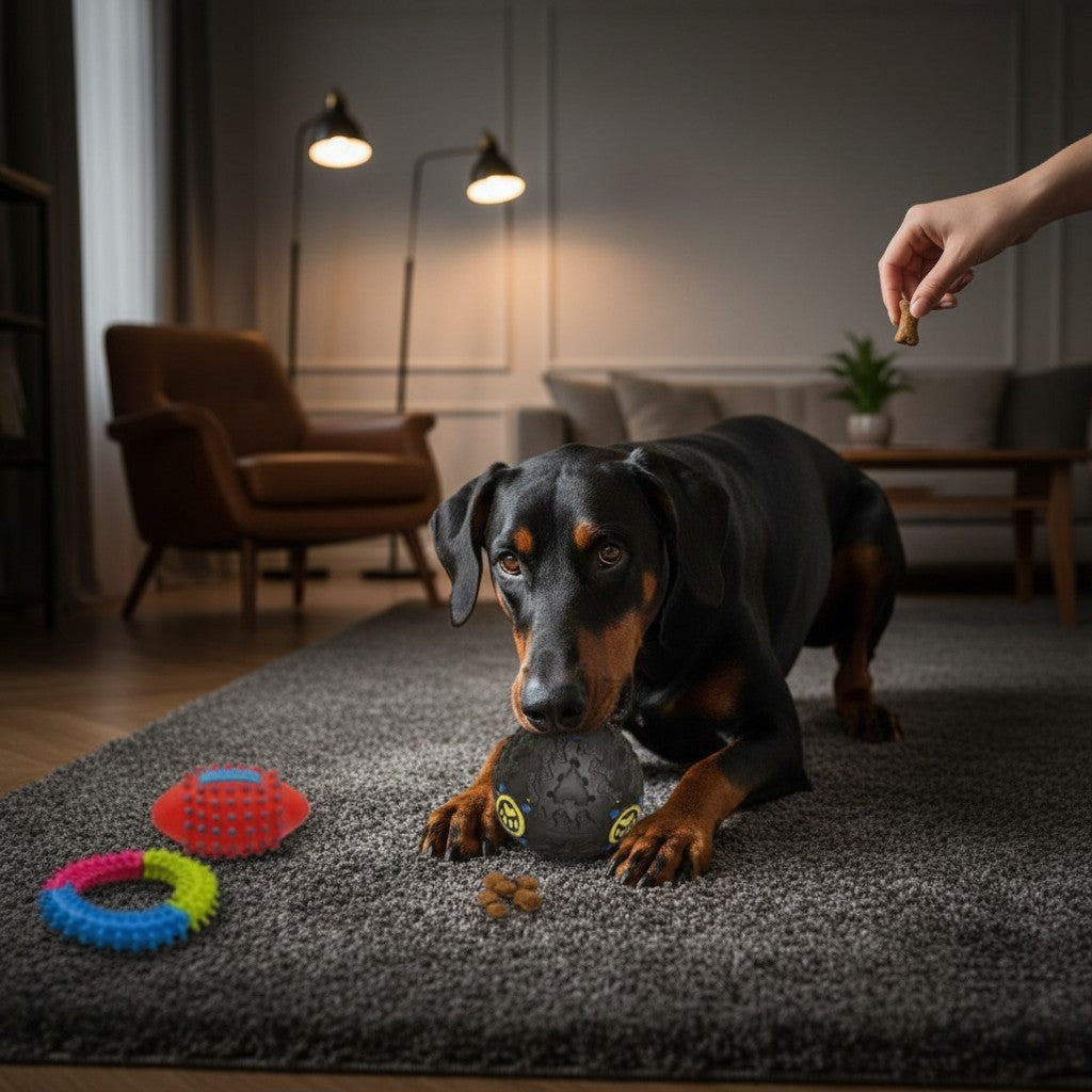 Chien jouant avec un jouet MITZON en caoutchouc texturé sur un tapis, entouré d'autres jouets colorés pour petits chiens