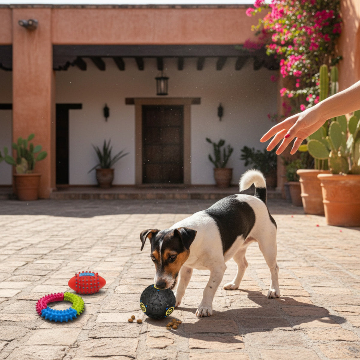 Petit chien jouant avec un jouet MITZON en caoutchouc dans une cour ensoleillée avec des jouets à mâcher colorés