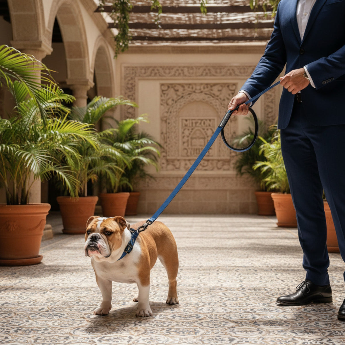 Homme en costume tenant une laisse bleue MITZON GripPro avec un bouledogue anglais dans une cour élégante