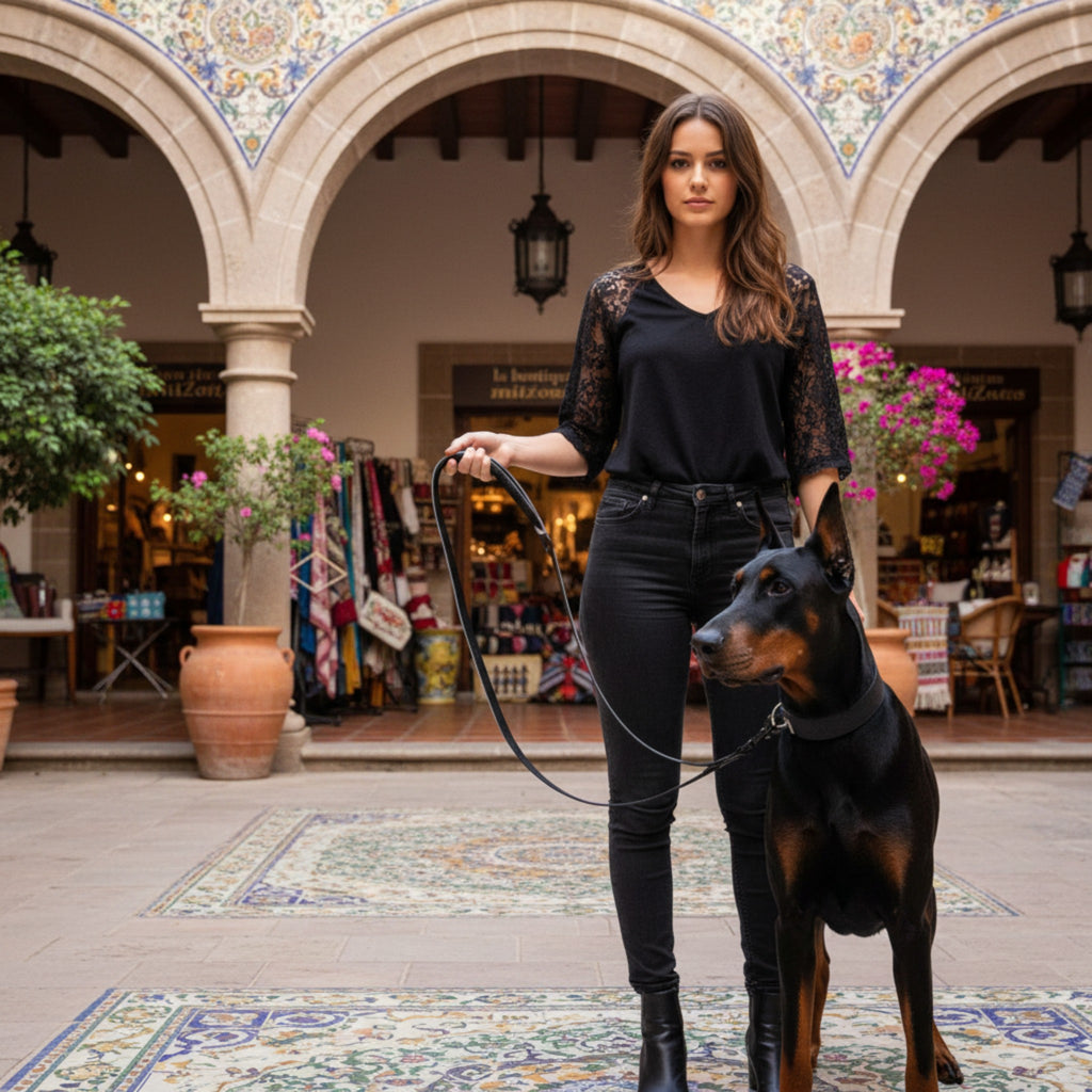 Femme tenant une laisse MITZON GripPro en nylon noir avec un Doberman dans une cour espagnole traditionnelle