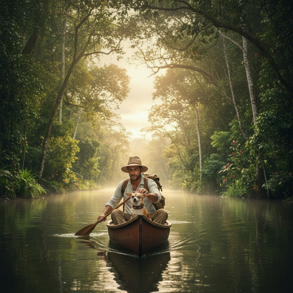 Homme en canoë dans une jungle brumeuse avec son chien portant une laisse en tweed MITZON