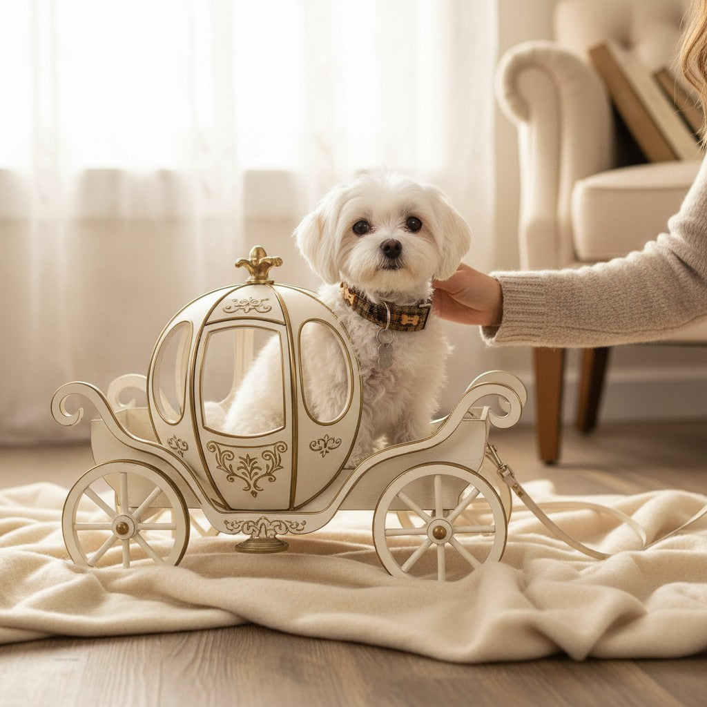 Laisse pour chien en tweed MITZON avec détails élégants, portée par un petit chien blanc dans une voiture miniature