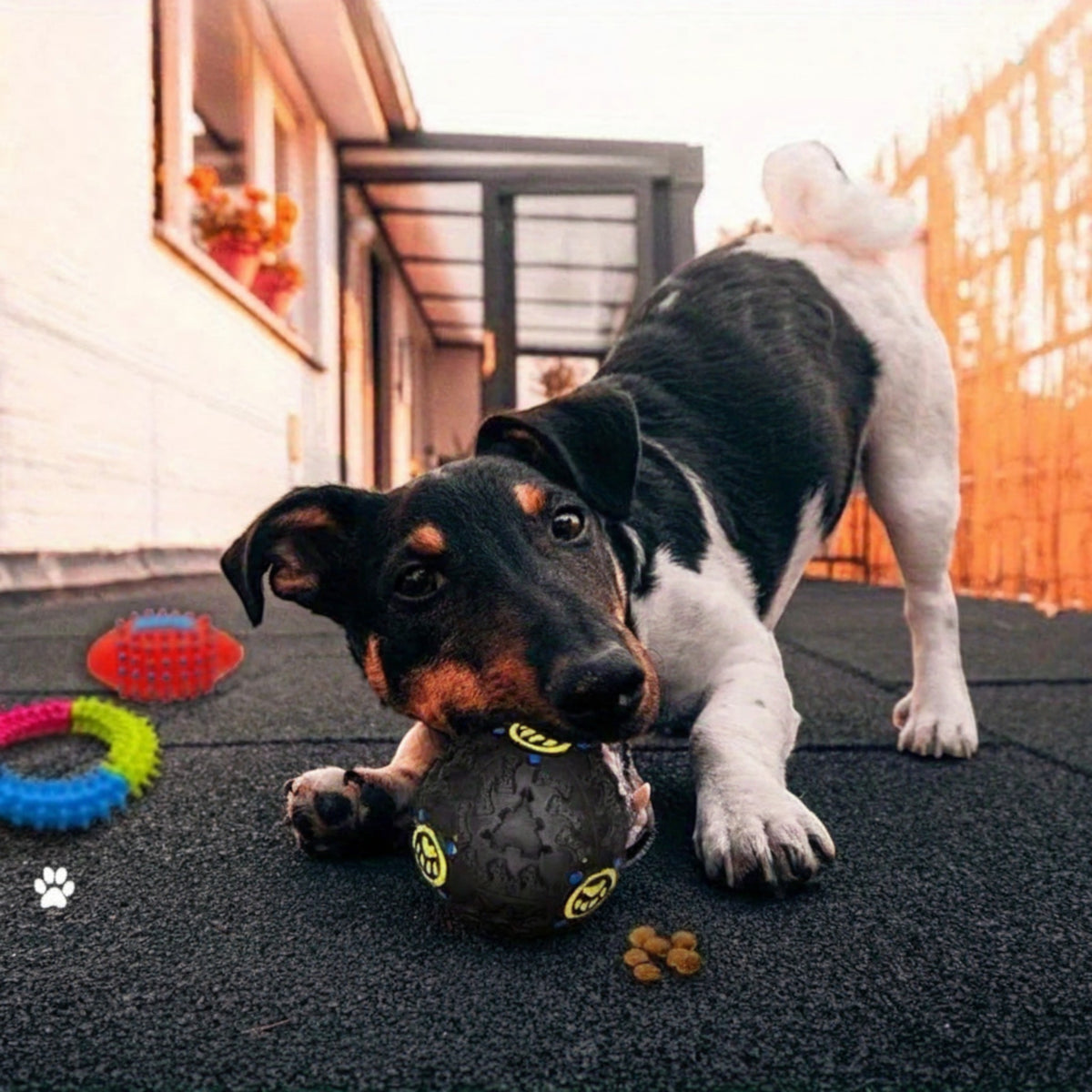 Chien jouant avec une balle en caoutchouc MITZON entouré de jouets à mâcher variés pour petits chiens