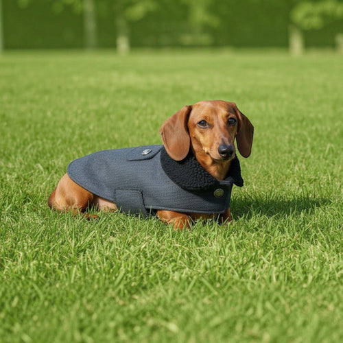 Chien teckel portant un manteau MITZON marron à motif chevrons avec col en polaire noire sur une pelouse verte
