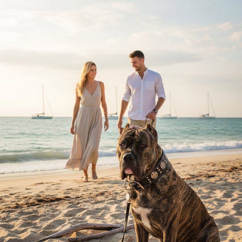 Ensemble MITZON Maximus en cuir noir avec rivets argentés sur un chien bringé sur une plage au coucher du soleil