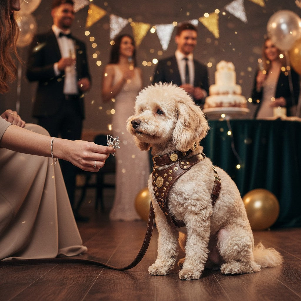 Harnais pour chien MITZON Maximus en cuir marron avec rivets dorés et rembourrage orthopédique lors d'une fête élégante
