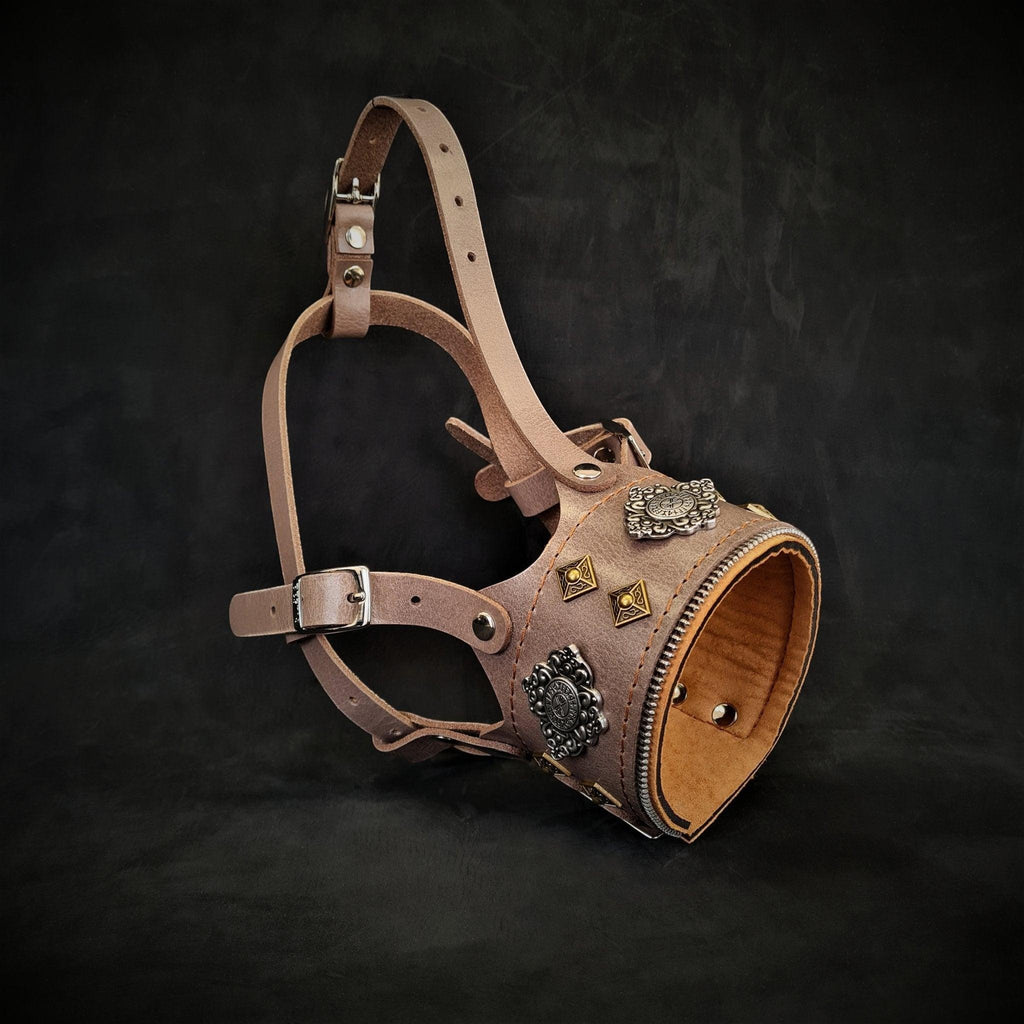 Muselière pour chien MITZON Aztec en cuir gris avec rivets décoratifs, doublure en mousse orthopédique et acier nickelé