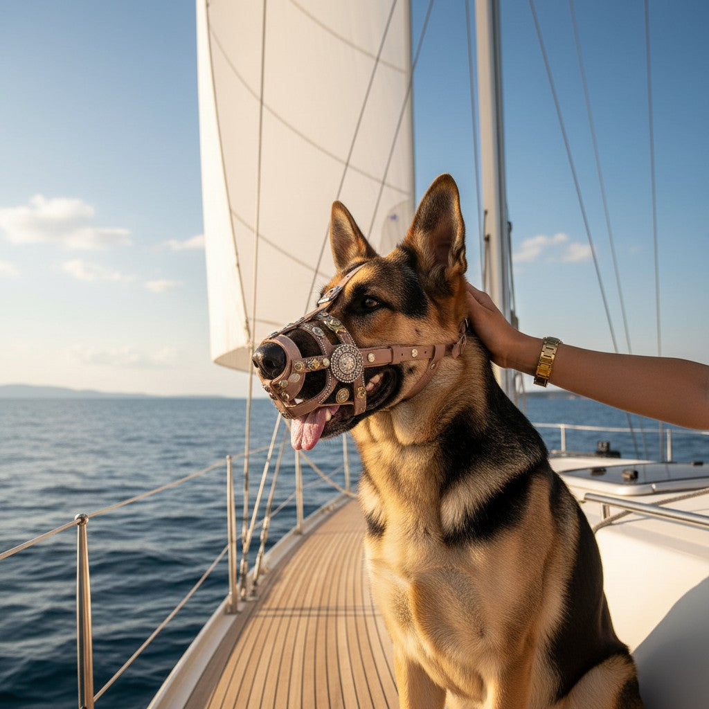 Muselière en cuir gris MITZON Aztec avec détails en métal sur un berger allemand à bord d'un voilier en mer.