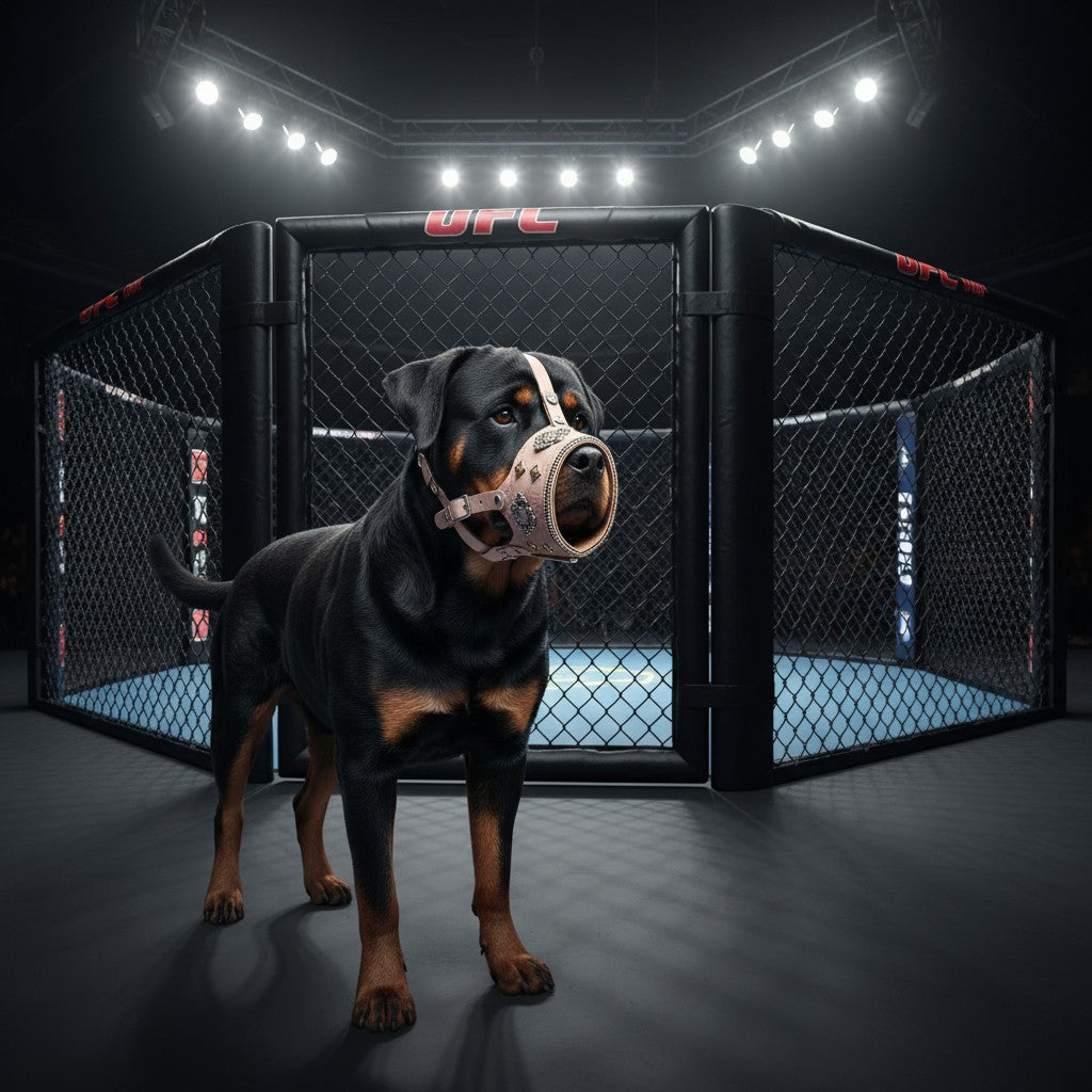 Rottweiler portant une muselière en cuir gris MITZON Aztec avec rivets métalliques dans une cage de combat