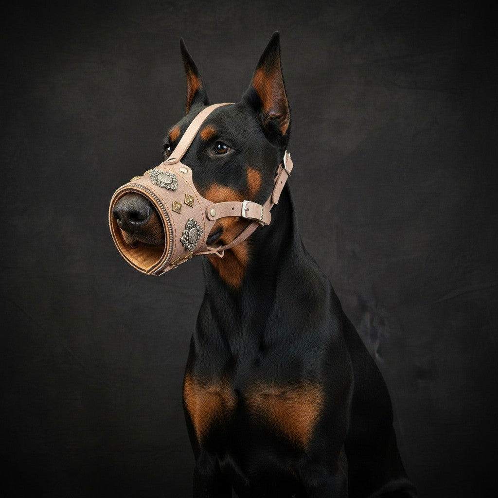 Doberman portant une muselière en cuir gris MITZON Aztec avec détails en métal et rembourrage orthopédique