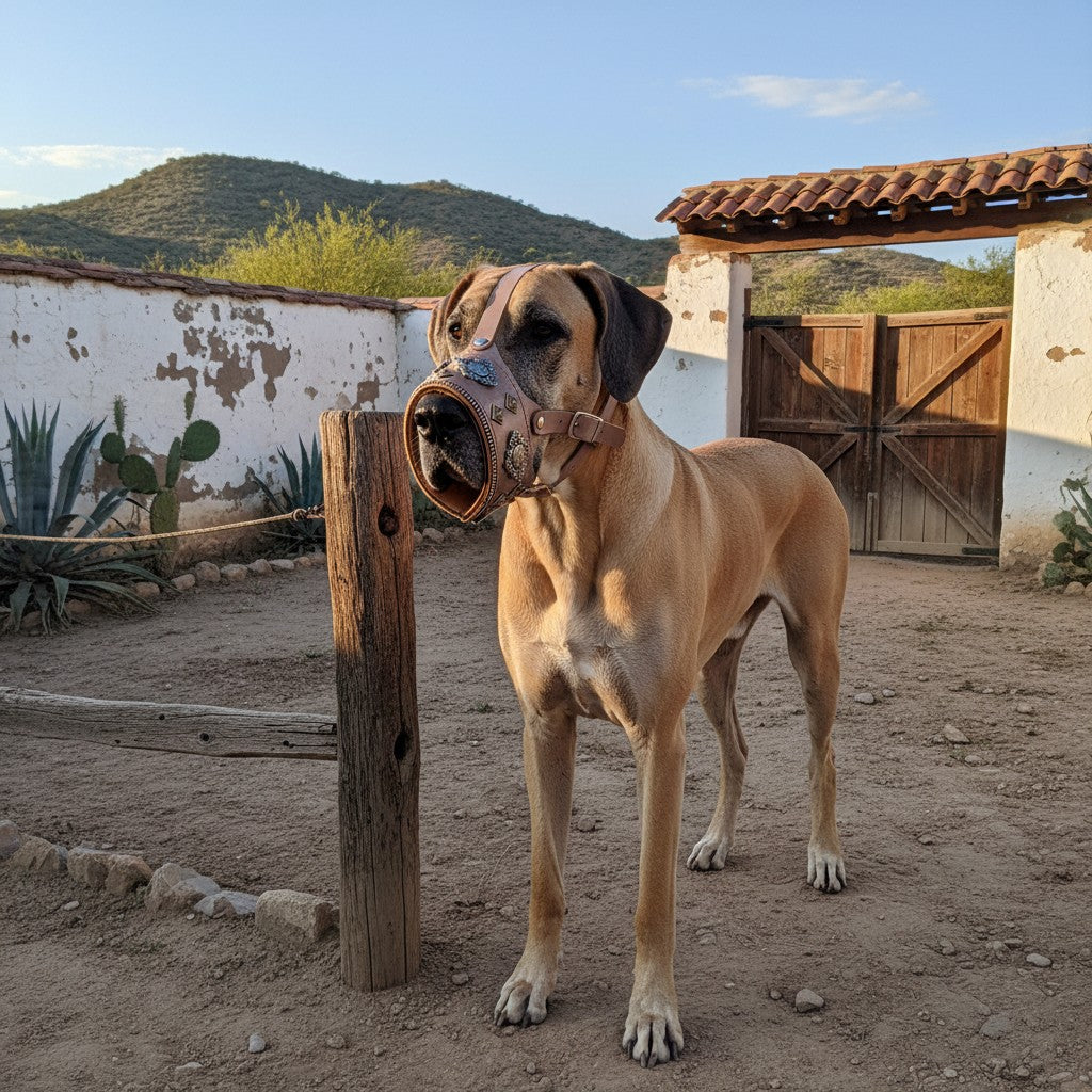 Grand chien portant une muselière en cuir gris MITZON Aztec avec rivets décoratifs et rembourrage orthopédique