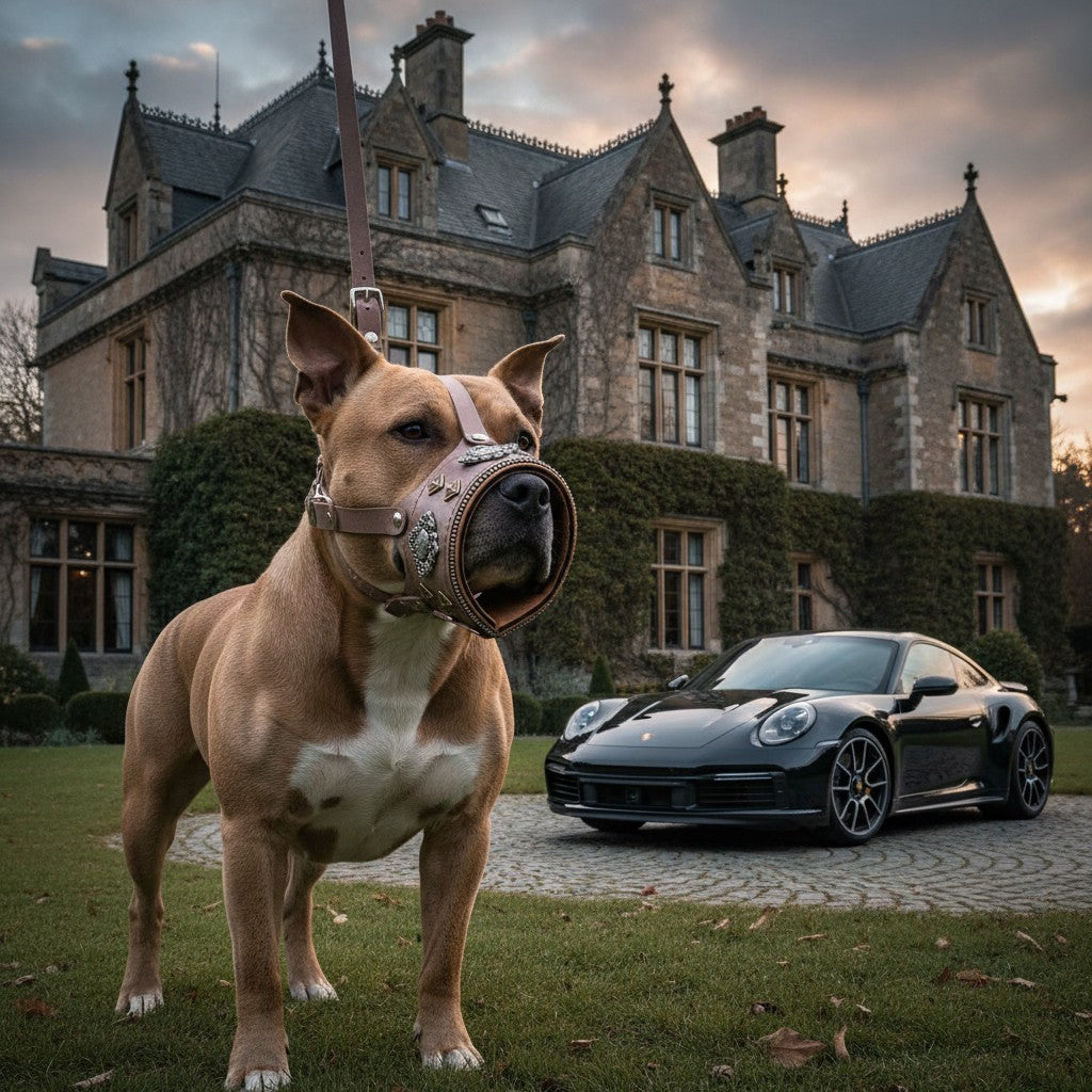 Muzzle pour chien MITZON Aztec en cuir gris avec rivets décoratifs sur un American Staffordshire devant un manoir