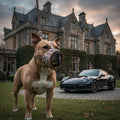 Muzzle pour chien MITZON Aztec en cuir gris avec rivets décoratifs sur un American Staffordshire devant un manoir