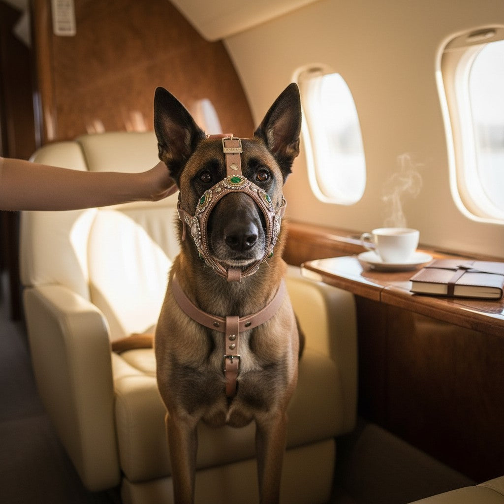 Muzzle pour chien MITZON Aztec en cuir gris avec rivets décoratifs sur un berger malinois dans un jet privé luxueux