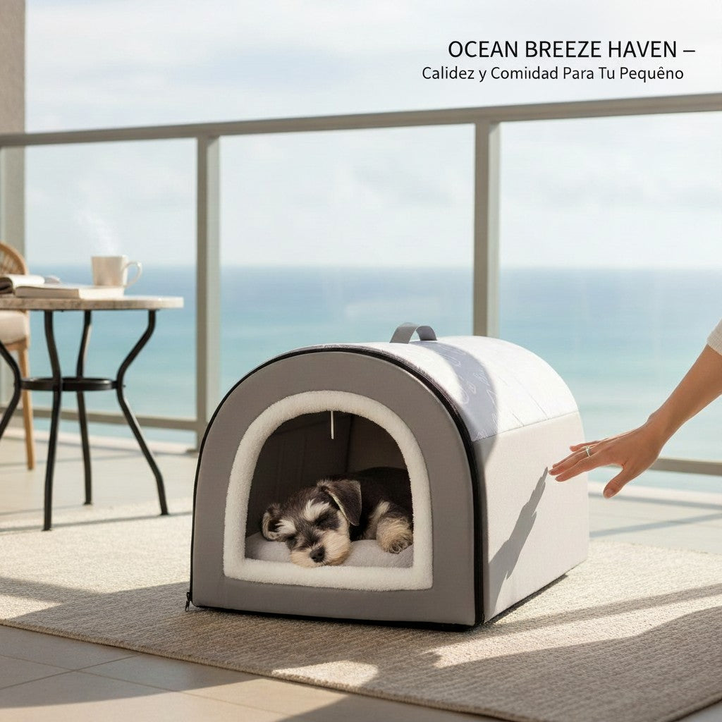 Niche pour chien MITZON marron en polyester, fermée et confortable, avec un petit chien qui dort à l'intérieur.
