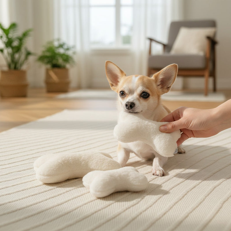 Petit chien chihuahua jouant avec un os en peau de mouton naturelle MITZON blanc dans un salon lumineux