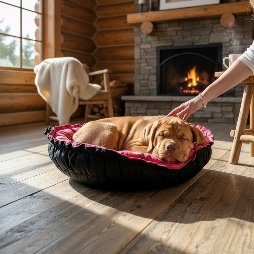 Cama redonda MITZON negra y roja - cachorro durmiendo junto a chimenea en sala acogedora - accesorio premium para perros