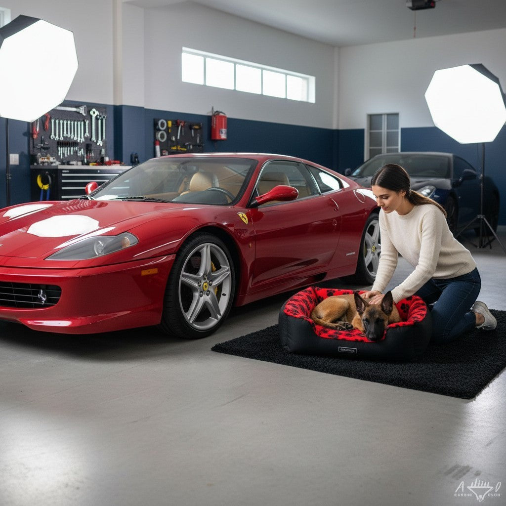 Panier pour chien MITZON noir et rouge avec motifs de pattes, posé dans un garage avec une femme et une voiture rouge.