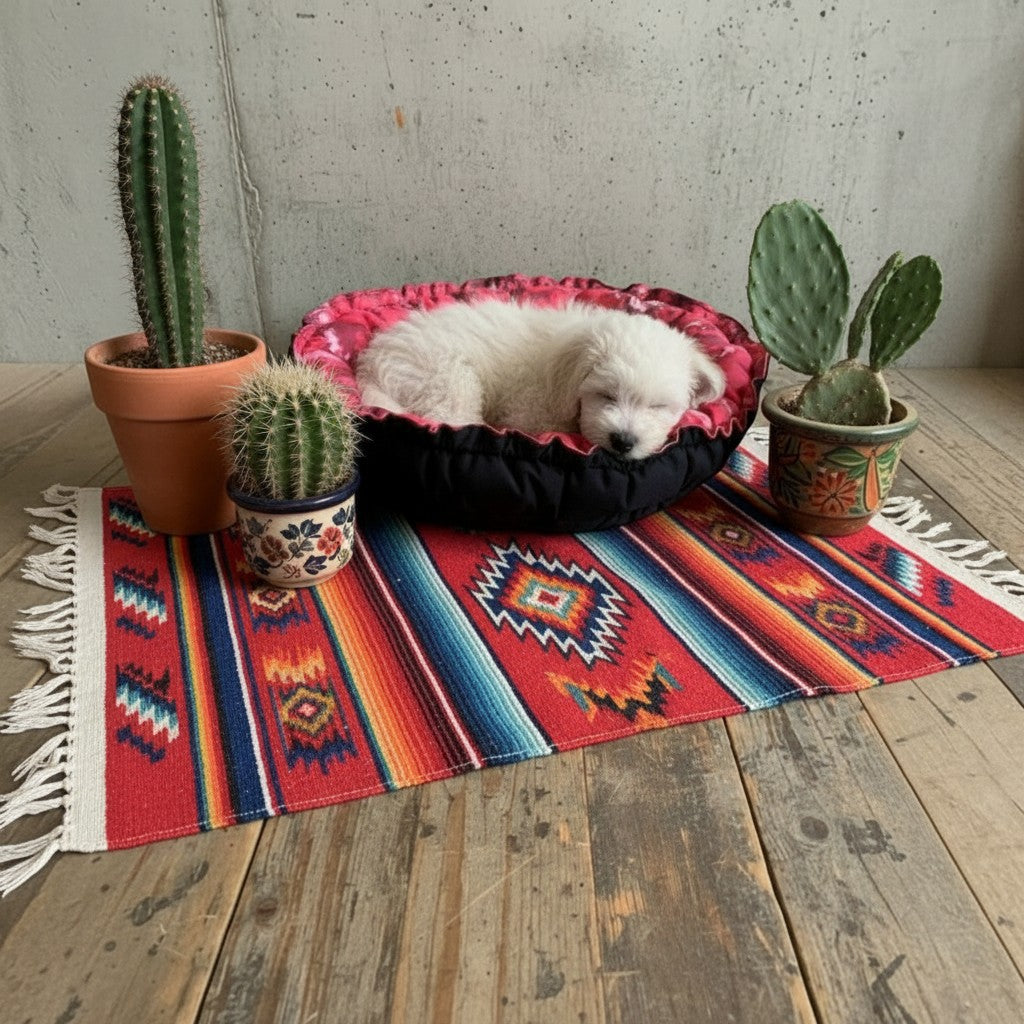 Cama MITZON negra y roja motivo floral - cachorro blanco durmiendo en tapete bohème colorido - premium para perros