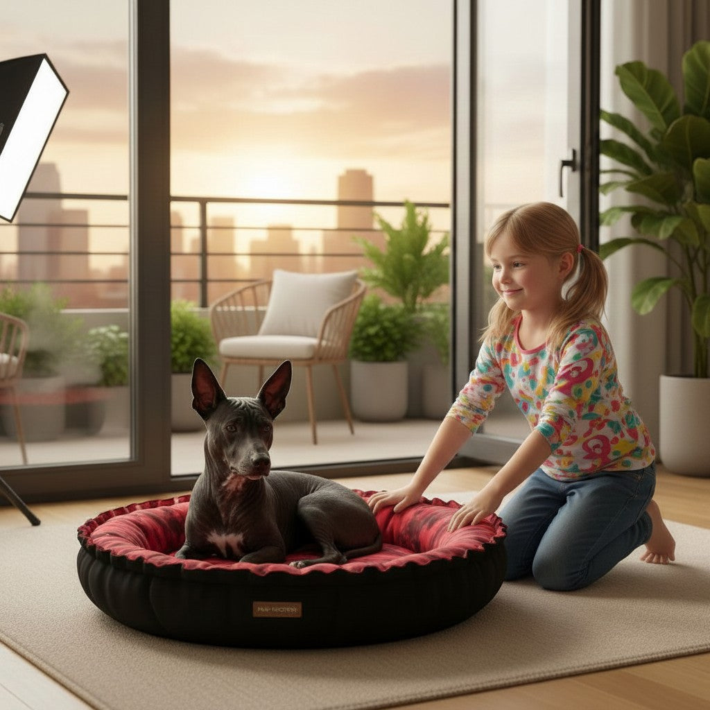 Cama redonda MITZON negra y roja motivo floral - niña pequeña al lado - cama cómoda y acogedora premium para perros