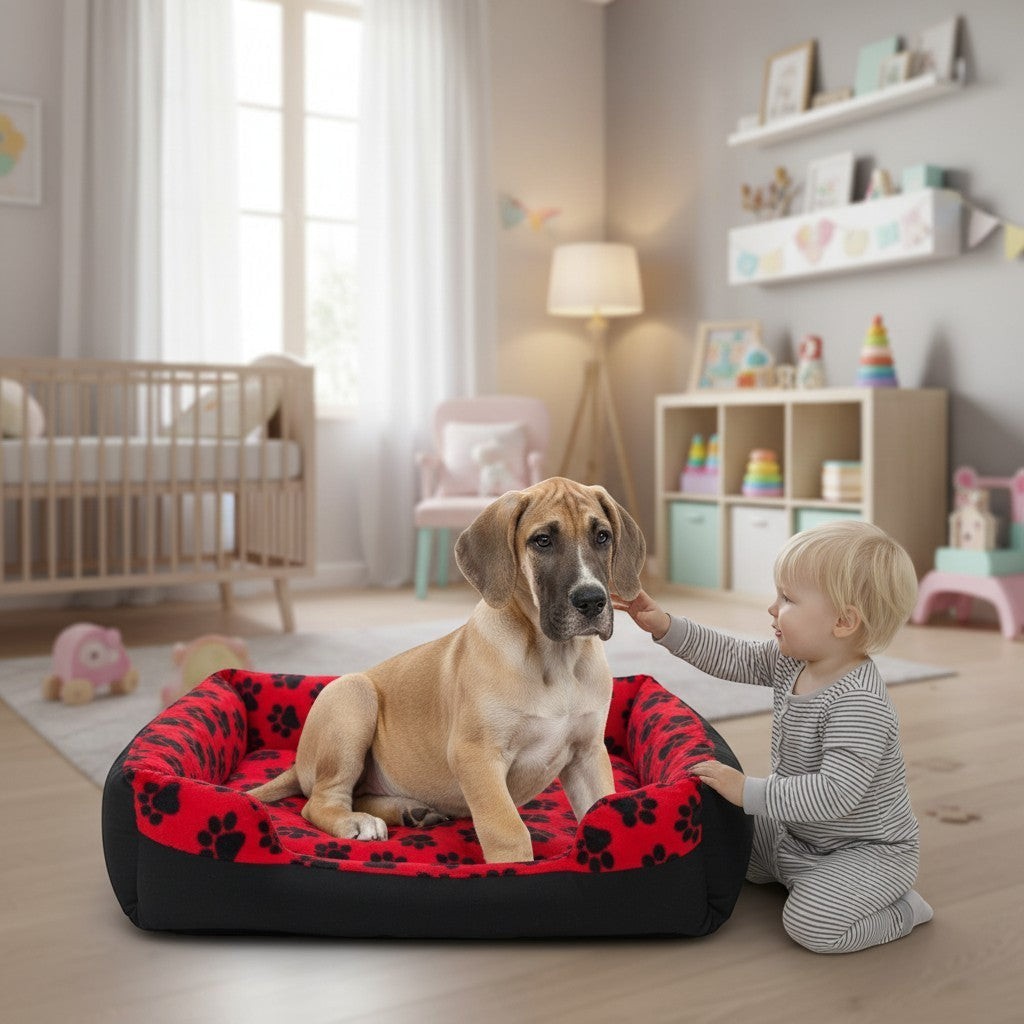 Panier pour chien MITZON noir et rouge avec motifs de pattes, confortable et douillet, dans une chambre d'enfant.