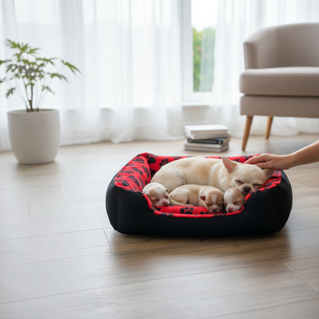 Panier pour chien MITZON noir et rouge avec motifs de pattes, accueillant une chienne et ses chiots qui dorment.