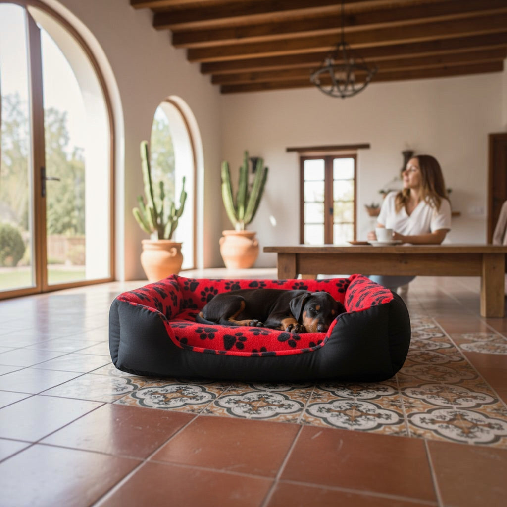 Panier pour chien MITZON noir et rouge avec motifs de pattes, confortable et ergonomique dans un salon lumineux.