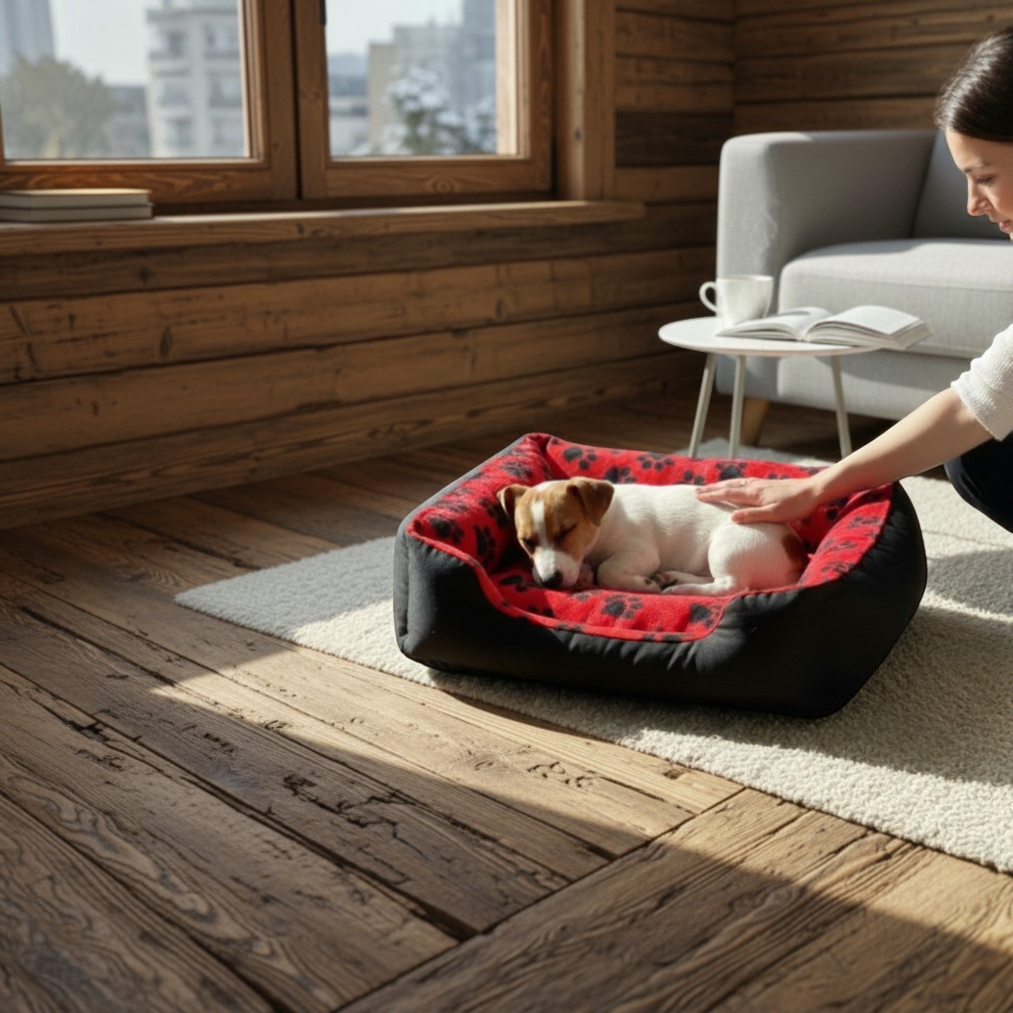 Panier pour chien MITZON noir et rouge avec motifs de pattes, confortable et douillet, avec un chien qui se repose.