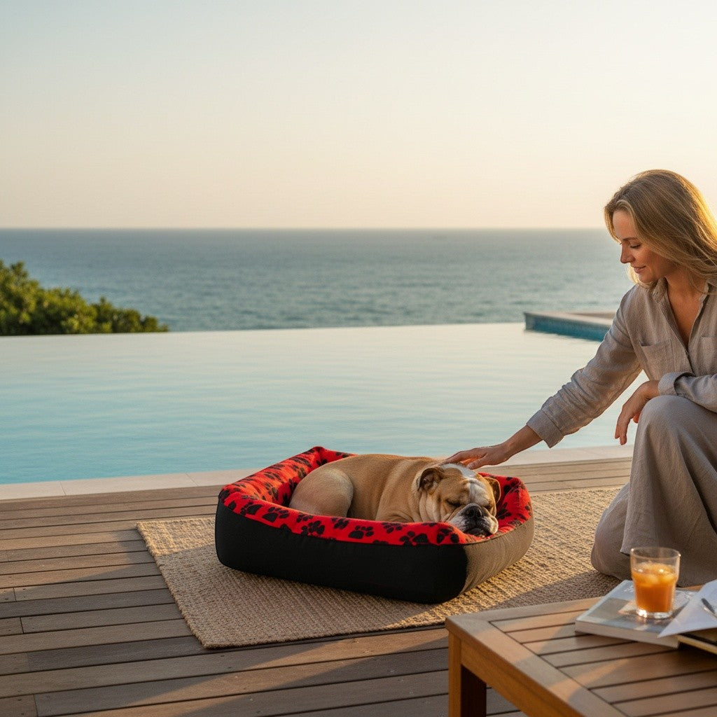 Panier pour chien MITZON noir et rouge avec motifs de pattes, posé sur une terrasse en bois près d'une piscine.