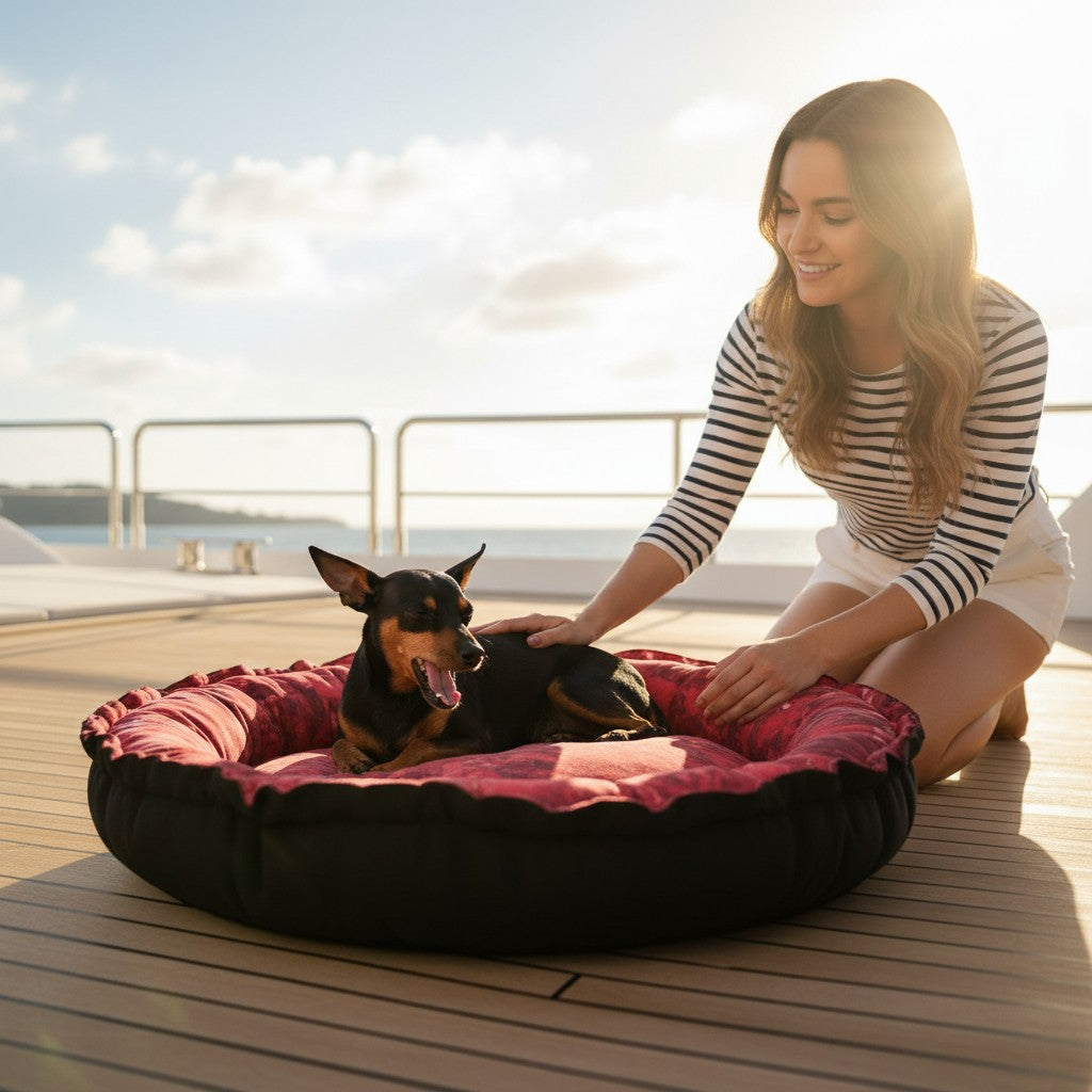Mujer acariciando perro en cama redonda MITZON negra y roja motivos florales - cubierta de barco soleada - premium