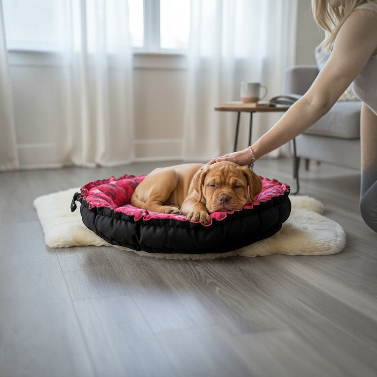 Cama Camo Rosa MITZON - diseño camuflaje rosa en sala - cama premium acogedora para perros