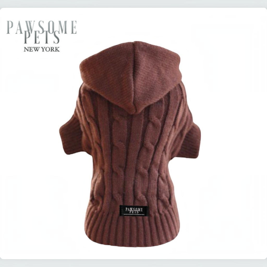 Pull pour chien MITZON en maille torsadée marron avec capuche, design élégant et confortable pour animal de compagnie